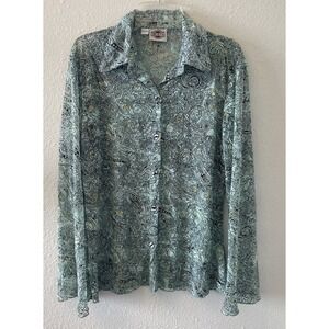 Vintage Rods Button Up Top Size XL Sheer Green Paisley Bell Sleeves Collared